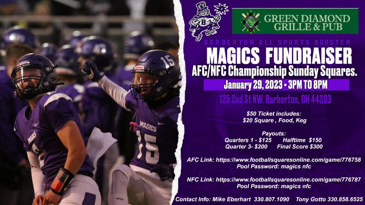 MagicsFB's tweet photo. Come support YOUR Magics! Special thanks to the Green Diamond and Barberton All Sports Booster for putting this on for us! 

Copy and paste the links into your web browser to participate.  You may purchase as many squares as you like. $30 coverage charge for food and drink https://t.co/dCKmmdjNsg