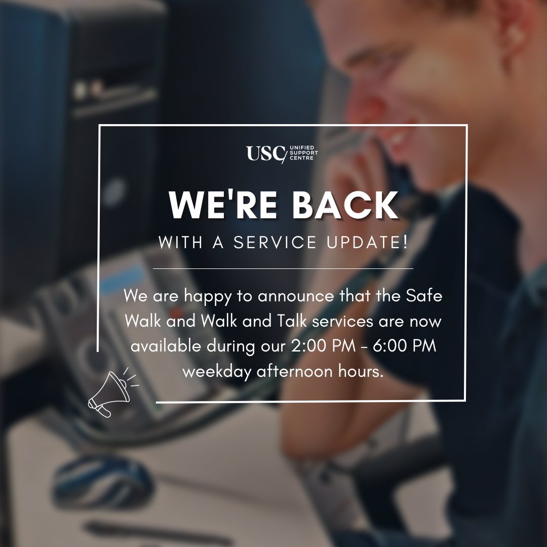 usc_cusa's tweet photo. All of our services are now available during our operational hours from 2:00 PM - 2:00 AM on weekdays and 6:00 PM - 2:00 AM on weekends.

Don't hesitate to stop by our office in 314 University Centre, give us a call at 613-520-4066, or send us an email if we can help! https://t.co/hwQuqOfLT5
