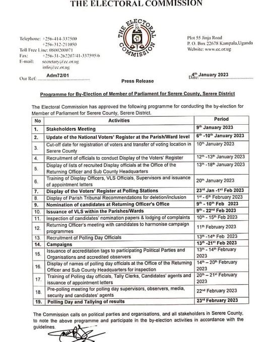 Peakfm906's tweet photo. The Electoral Commission has released the programme for conducting the by-election of Member of Parliament for Serere County in Serere District.

*Nomination of candidates from 9th-10th, Feb, 2023.

*Campaigns from 13th- 21st, Feb, 2023.

*Polling day 23rd, Feb, 2023.
#Peakupdate https://t.co/KQsDhd7xfm