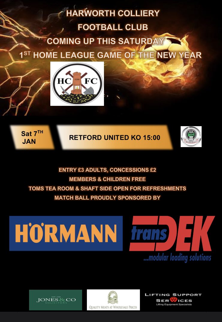 This Saturday at the <a href="/jones_solicitor/">Jones & Co Solicitors</a> our first game of 2023 v <a href="/RetfordUnited/">Retford United (P)</a> 
Thanks as ever to our sponsors for the game Farmhouse choice and @Transdek great local businesses we are thankful to have involved along with all our other great sponsors, hope to see you there 
👏🧡🖤