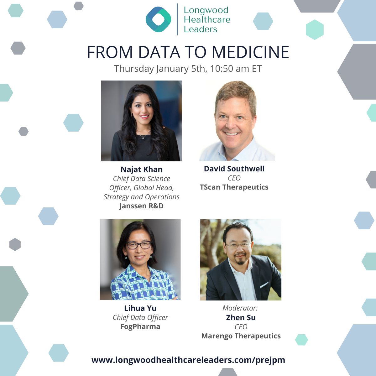 Marengo’s CEO, <a href="/MyOncology/">Zhen Su, MD; MBA</a>, will be moderating the discussion panel “From Data to Medicine” at the upcoming <a href="/LongwoodLeaders/">Longwood Healthcare Leaders</a> Pre-JPM Webconference at 10:50 a.m. ET on Thursday, January 5th! Learn more about the event and register here: longwoodhealthcareleaders.com