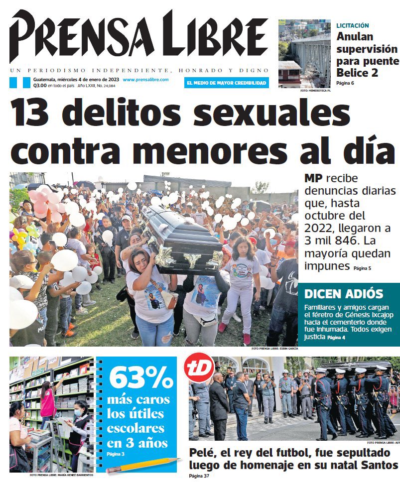 Desgarrador titular en la portada de <a href="/prensa_libre/">Prensa Libre</a> “13 delitos sexuales contra menores al día”. Y eso, es sólo lo que se reporta #TengoMiedo