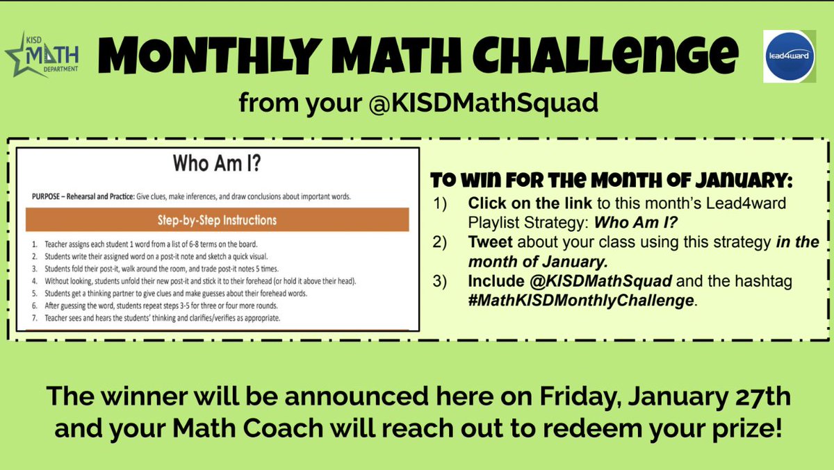 KISDMathSquad's tweet image. Welcome back, amazing @KellerISD math teachers! 🥳January is here and it&apos;s time for a new Monthly Math Challenge! 👏 Try out the @lead4ward strategy, 🤔Who Am I?🤔, and we&apos;ll draw for a winner at the end of the month! #MathKISDMonthlyChallenge