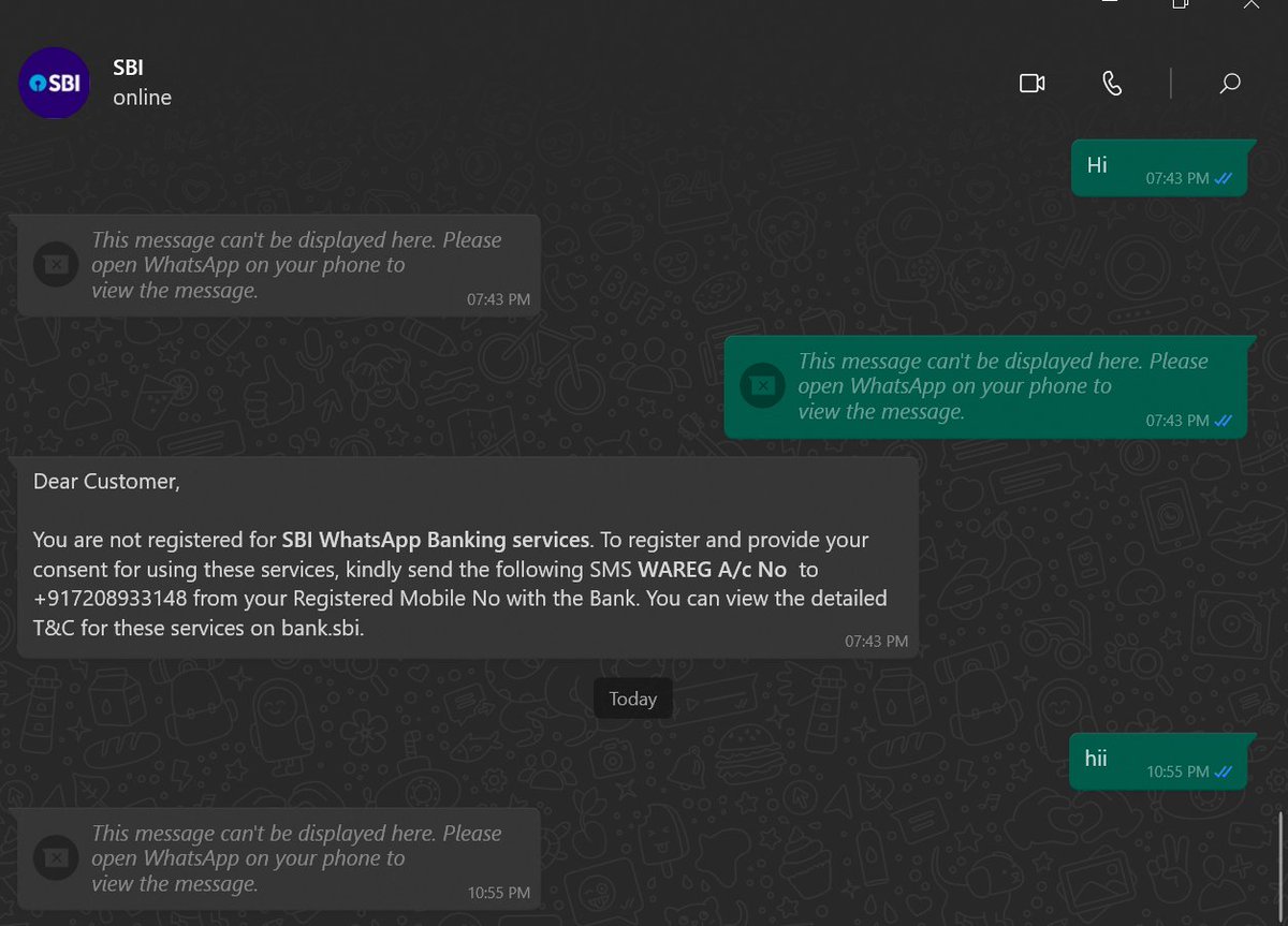 devgautam7617's tweet image. I am not using my account through WhatsApp banking, but customer care executives are also ignoring my words. Why am I getting this reply after sending an SMS from my registered mobile no.@SBICard_Connect @TheOfficialSBI