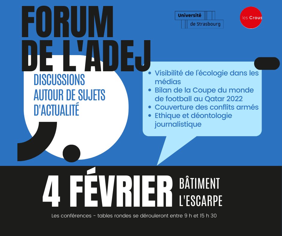 L’Adej est très heureuse de vous annoncer la tenue du Forum du CUEJ. Cette année ce sont une quinzaine de journalistes qui se rencontreront pour discuter entre 9h et 15h30 lors de conférences/tables rondes.
Toutes les infos ici : facebook.com/events/5183220…
Un seul amour 💛🖤