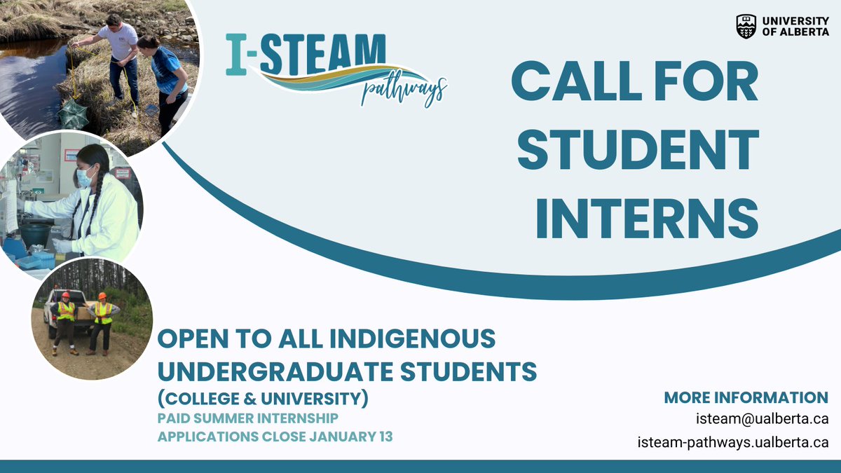 I-STEAM Pathways@UAlberta (@pathways_i) on Twitter photo Do you know an Indigenous student seeking experience in Environmental Research? The I-STEAM Pathways Program offers Indigenous students a full time paid summer research internship supervised by a <a href="/UAlberta/">University of Alberta</a> researchers. Applications close Friday Jan 13: isteam-pathways.ualberta.ca/student-applic… Do you know an Indigenous student seeking experience in Environmental Research? The I-STEAM Pathways Program offers Indigenous students a full time paid summer research internship supervised by a <a href="/UAlberta/">University of Alberta</a> researchers. Applications close Friday Jan 13: isteam-pathways.ualberta.ca/student-applic…