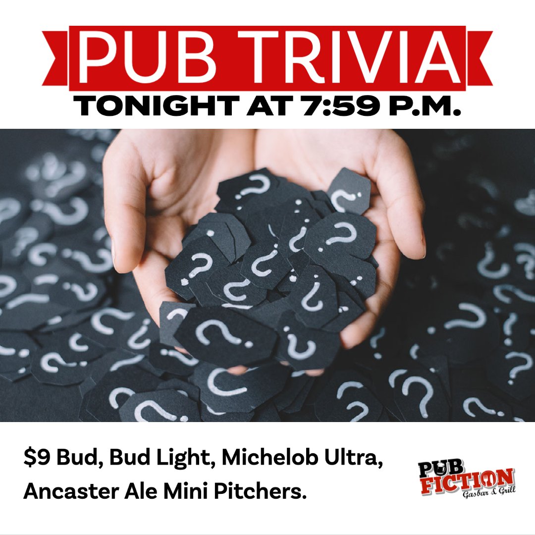 ⚡️ Join us for Trivia Night ⚡️

Today's offer:
$9 Bud, Bud Light, Michelob Ultra, Ancaster Ale Mini Pitchers.

Join us tonight at 7:59 PM for a fun trivia hosted by @rubypubtrivia

pubfiction.ca

#Trivia #TriviaNight #WednesdayTrivia #PubFiction #HamOnt #Ancaster #Local
