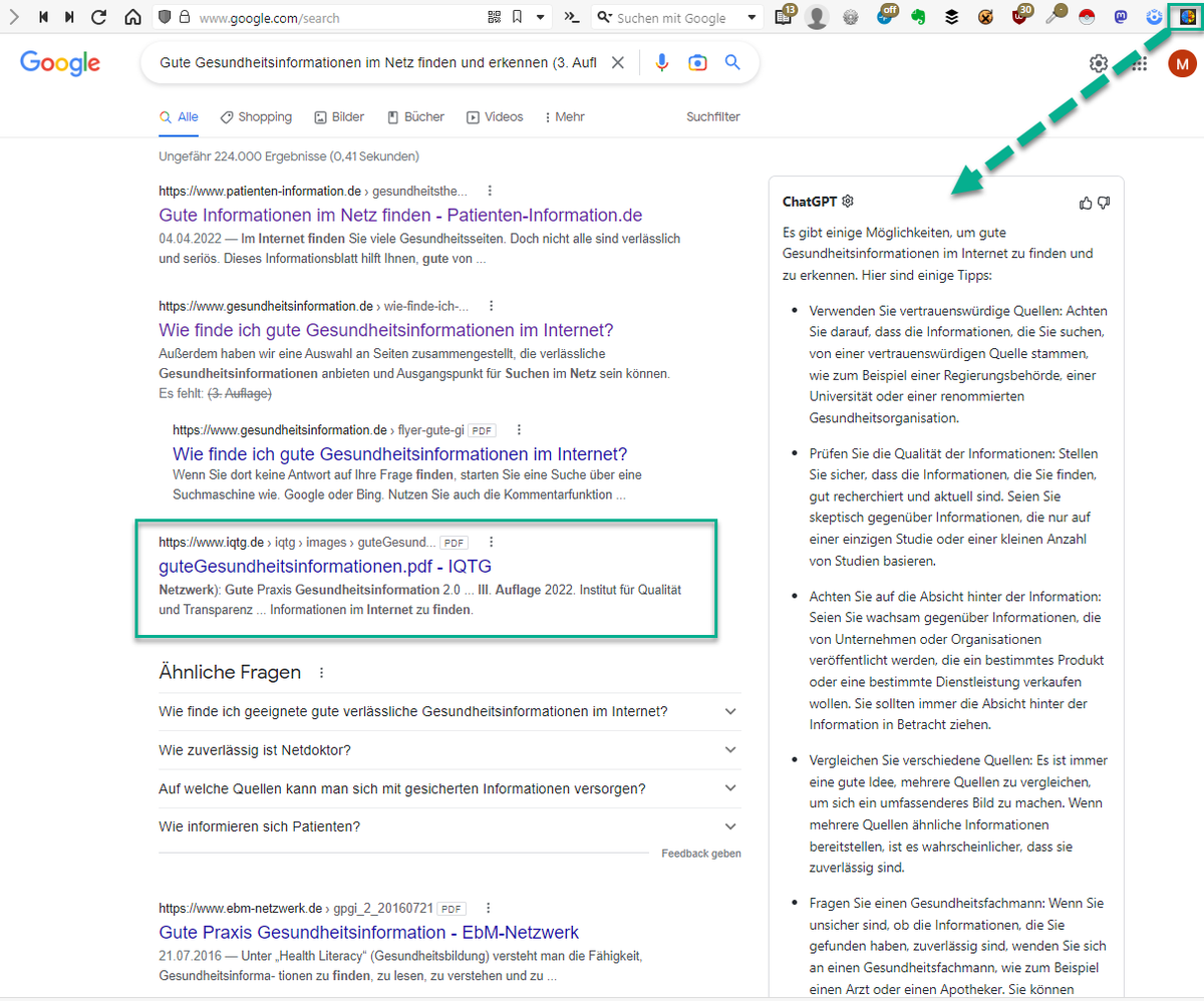 iqtgde's tweet photo. Mit einer #ChromeExtension kann man jetzt auch #ChatGPT automatisch in die Suche eingeblendet bekommen. Klappt auch mit #Gesundheitsinformationen. #DrGoogle
https://t.co/T1gLcPbJyA https://t.co/xJEtsAgTWf