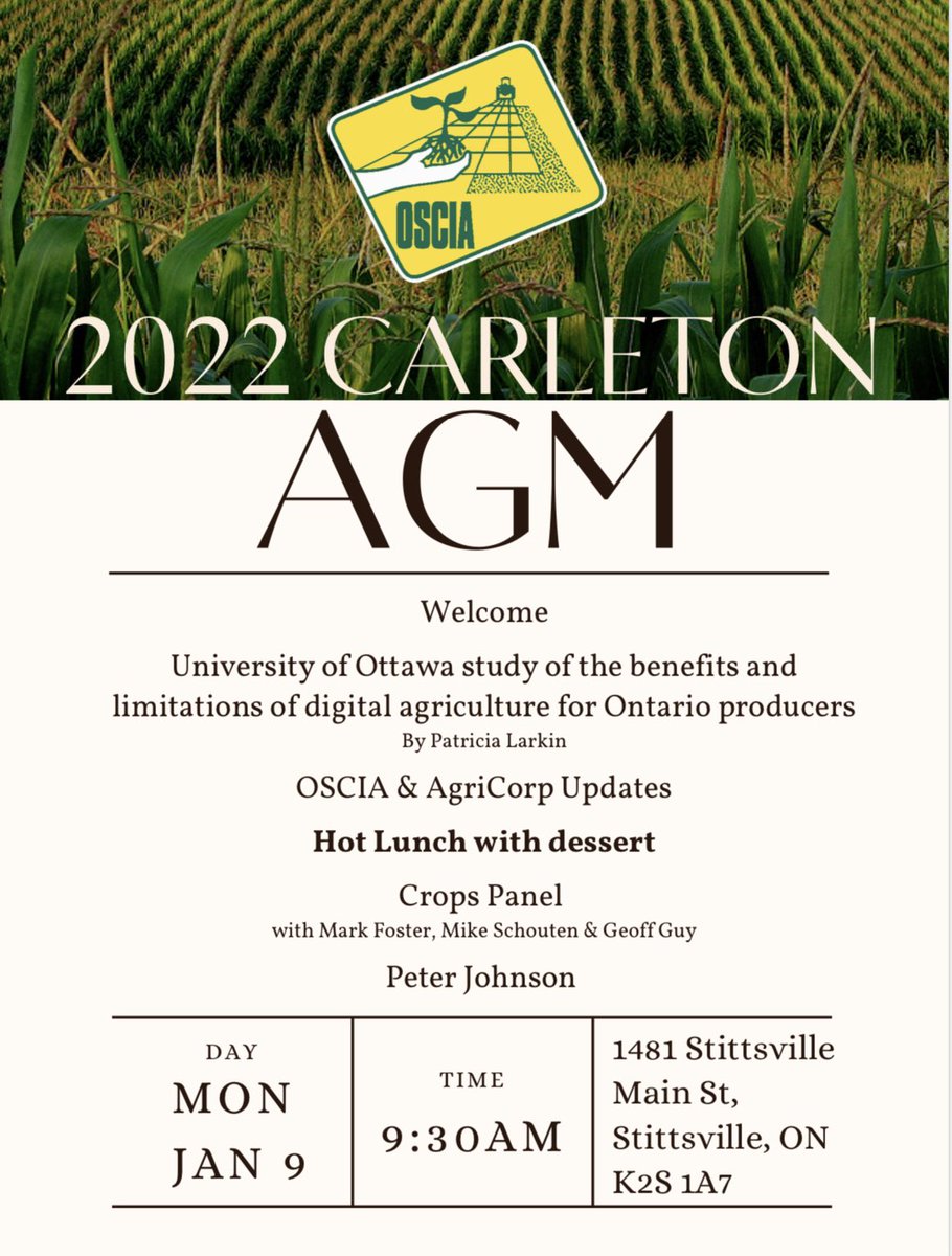 Reminder of Ottawa Carleton Soil and Crop Annual General Meeting Next Monday! Lunch is 25$ per plate. <a href="/orrscia/">Ottawa-Rideau Regional SCIA</a> <a href="/OntarioSoilCrop/">Ontario Soil & Crop</a>