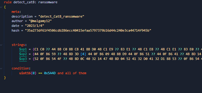 New #ransomware called #CatB applies some anti analysis techniques and performing MSDTC service DLL hijacking to drop and execute its payload. so u can check my Yara rule here: github.com/MalGamy/YARA_R…