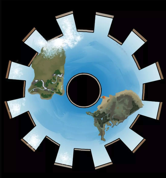 The vast majority of the inhabitants live on the horizontal cog, which has topography taken by the sisterhood of goddesses from planes of elemental creation.