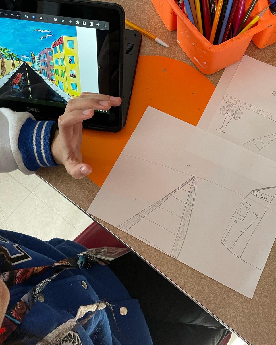 MsRega_ESASD's tweet photo. 1:1 computers allow students to explore Landscape with objectives #scale, #horizonline #1pointperspective The next lesson will involve explicit instructions 😉 @MarvineBASD @BethlehemAreaSD @MrsJimenezBASD @MsRega_BASDart #BASDarts https://t.co/46ln2UBFia