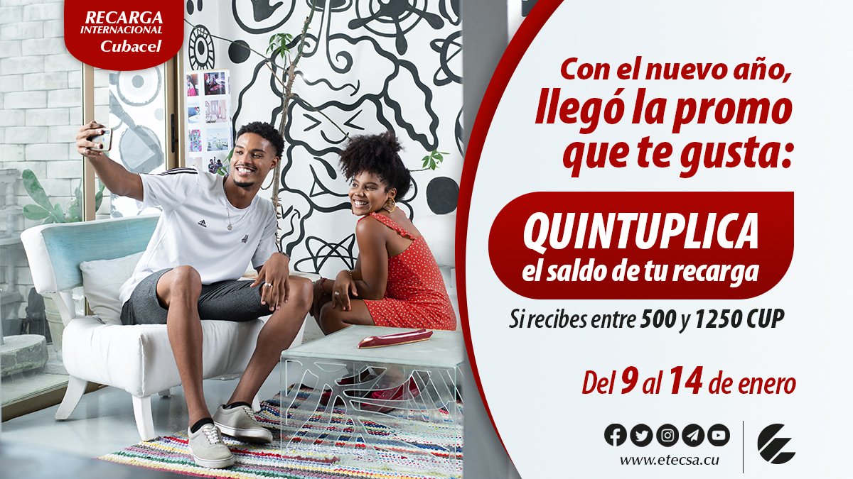 🎉 1ra #Promoción de Recarga Internacional del año 2️⃣0️⃣2️⃣3️⃣ del 9 al 14 de enero 🥳.
✔️Si recibes 📲 una recarga entre 500 y 1250 CUP obtendrás el QUÍNTUPLE del dinero recargado en tu SALDO PRINCIPAL.
✔️La vigencia será de 330 días a partir de recibida la recarga.
#CubacelEnLínea