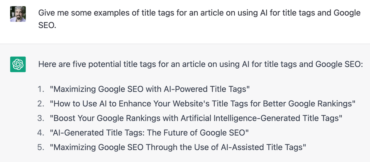 rustybrick's tweet photo. Google's @johnmu on using AI like ChatGPT for your title tags (in short, don't use it blindly...) https://t.co/2hGMLYf8g0 https://t.co/bEnhyhVTF2
