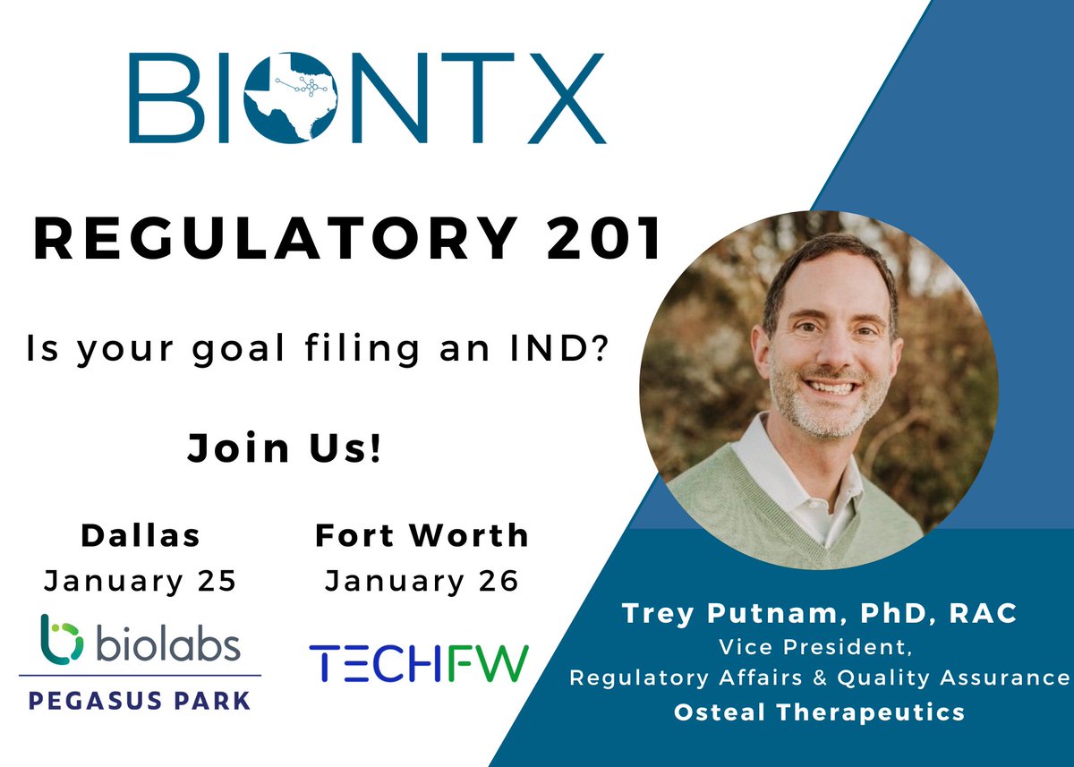 BioNorthTX (@bionorthtx) on Twitter photo Join us our Regulatory 201 and hear from <a href="/PutnamTrey/">Trey Putnam</a> to learn what an Investigational New Drug (IND) Application is, how the process works and FDA’s expectations for an IND.
Register now!
- Jan 25 (Dallas): lnkd.in/gE2E_-vQ
- Jan 26 (Fort Worth): lnkd.in/gi-fK4Xf Join us our Regulatory 201 and hear from <a href="/PutnamTrey/">Trey Putnam</a> to learn what an Investigational New Drug (IND) Application is, how the process works and FDA’s expectations for an IND.
Register now!
- Jan 25 (Dallas): lnkd.in/gE2E_-vQ
- Jan 26 (Fort Worth): lnkd.in/gi-fK4Xf