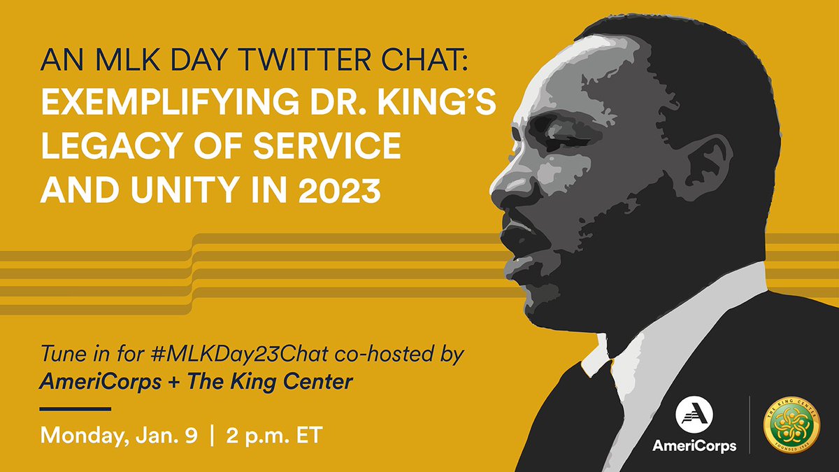 AmeriCorps's tweet photo. 🚨 #MLKDay23Chat 🚨 Jan. 9 | 2 p.m. ET  Join us, @BerniceKing, + @AmeriCorpsCEO to discuss how #Service can bring communities together, unite us to #BeLove, and heal divides this #MLKDay. #RT if you’re in and #RSVP now: https://t.co/BL8A2Rhvi8.  #UnitedWeServe #BelovedCommunity https://t.co/XIKe9Z5ed8
