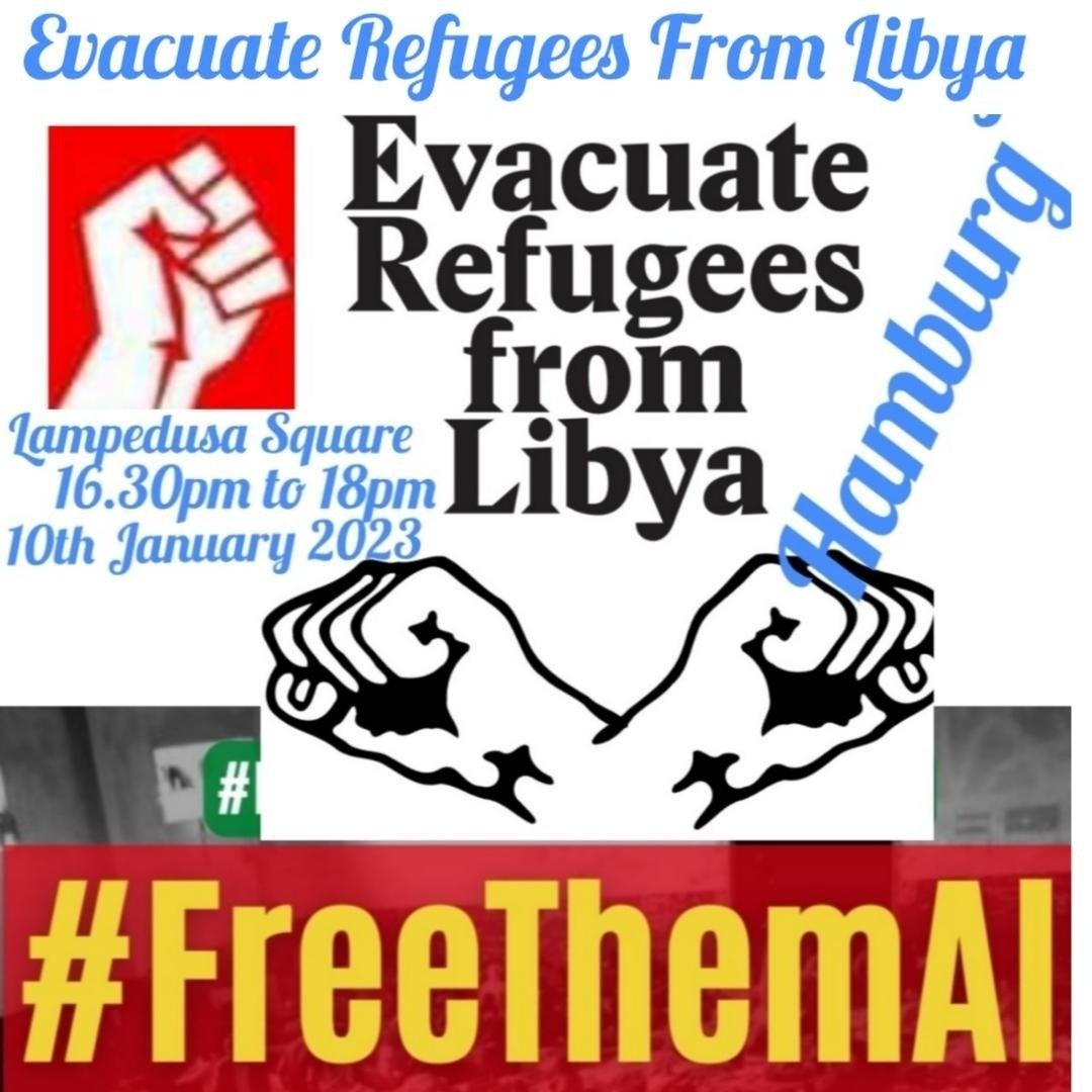 Alliance_SRL's tweet photo. #FreeThemAll Freiheit fΓΌr alle Demonstranten von @RefugeesInLibya, die seit einem Jahr inhaftiert sind, weil sie Schutz und Evakuierung in sichere LΓ€nder fordern
π
10. Januar 2023, 16:30
π Hamburg, Lampedusa Square
#EvacuateRefugeesFrom #LibyaLibyaIsNotSafe #FreedomForMazin https://t.co/Hgncwu8HwX