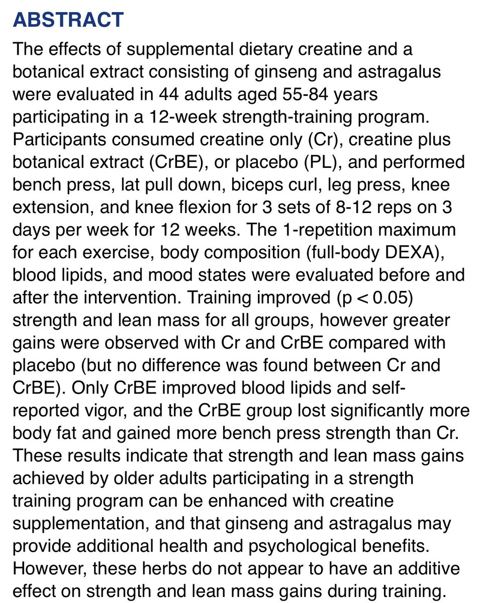 Grimhood's tweet photo. Effects of Creatine, Ginseng, and Astragalus Supplementation on Strength, Body Composition, Mood, and Blood Lipids During Strength-Training in Older Adults https://t.co/RXwsfKQnmm

Astragalus and ginseng improve the benefits of Creatine over just Creatine alone in humans. https://t.co/ZNQeNiacPw