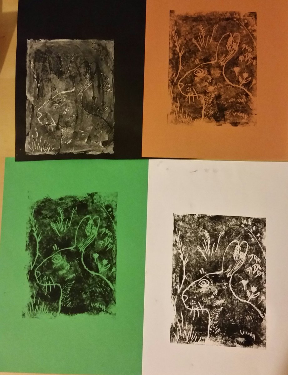 Spinkybird's tweet image. Made a linoprint from one of my hare photos. Which paper colour do you like the best? White paint on the black wasn't great #morepractice