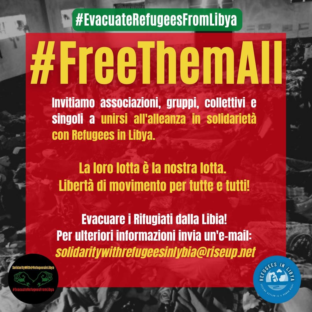 Alliance_SRL's tweet photo. #FreeThem All Liberate tutti i manifestanti pacifici imprigionati da 1 anno per aver richiesto protezione e trasferimento in Paesi sicuri
π
10 Gennaio, 2023, 18:00
π Roma: UNHCR Italia, Via Leopardi 24
#EvacuateRefugeesFrom #LibyaLibyaIsNotSafe #FreedomForMazin #RefugeesInLibya https://t.co/ShzohySadg