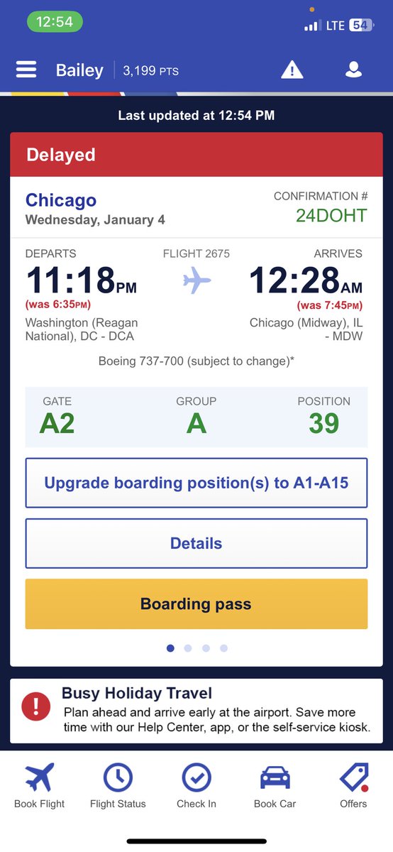 baileykanne7's tweet photo. @SouthwestAir our flight on the app is saying it’s delayed 5 hours. Will miss our layover to SLC by 3 hours. We got no email about this and you’re going to make us pay to get on an earlier flight? No option to change since we’ll miss our layover? &amp; because it’s past 1/3 no help. https://t.co/Z8ael79b3K