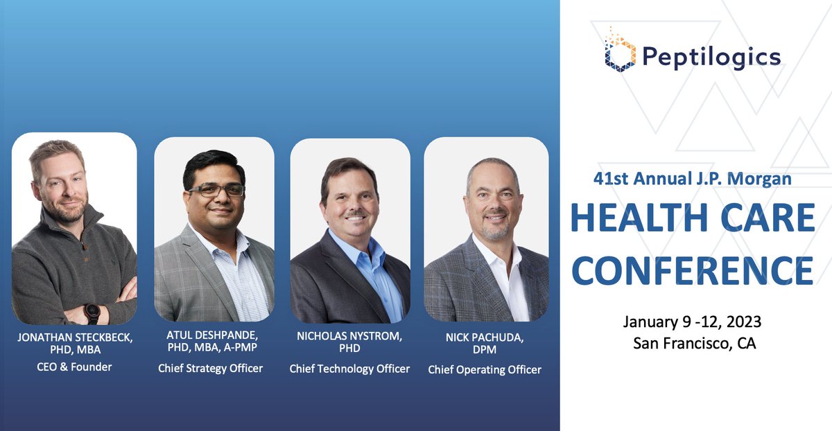 Peptilogics, Inc. (@peptilogics) on Twitter photo Next week, members of the Peptilogics team will be in #SF taking meetings at the <a href="/jpmorgan/">J.P. Morgan</a> Annual Healthcare Conference. Reach out if you’d like to learn more about our programs in #PJI, #CF, #ADPKD & our #ML driven designer peptide therapeutics platform, Nautilus. #JPM2023 Next week, members of the Peptilogics team will be in #SF taking meetings at the <a href="/jpmorgan/">J.P. Morgan</a> Annual Healthcare Conference. Reach out if you’d like to learn more about our programs in #PJI, #CF, #ADPKD & our #ML driven designer peptide therapeutics platform, Nautilus. #JPM2023