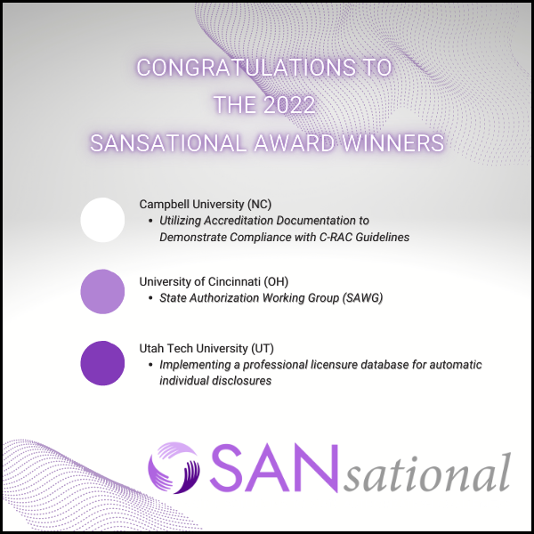wcet_info's tweet photo. Congratulations to the 2022 SANsational Award Winners! Awardees have learned to create processes that can be adapted to changing #state &amp; #federal #regulatory requirements &amp; include collaboration from key stakeholders.

Read more on #WCETFrontiers: https://t.co/QNp0O10eQV https://t.co/eeeZywNUlS