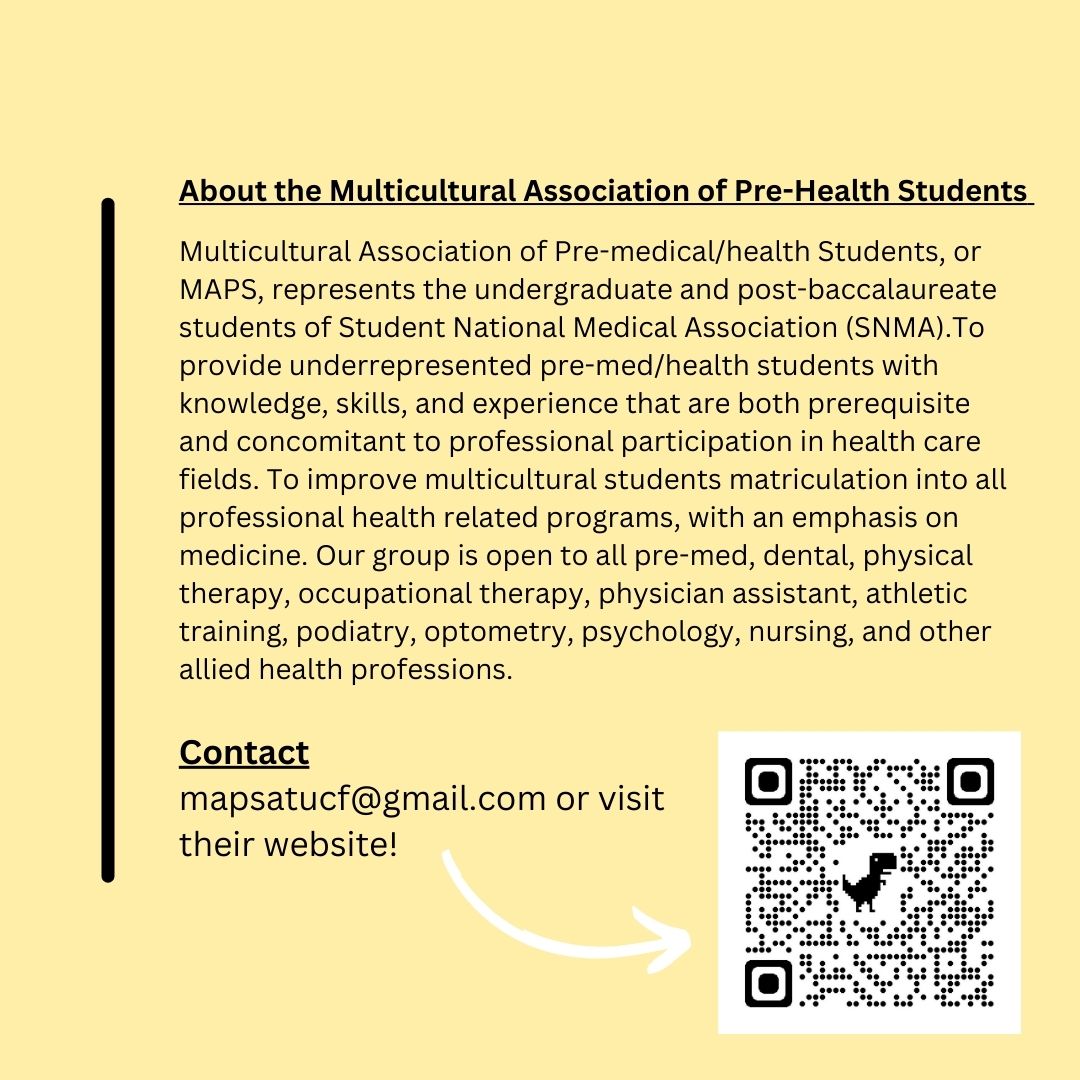 Pre-Health Knights, the Multicultural Association of Pre-Health Students (MAPS)💉🩹🩺.Fun fact, our outstanding Assistant Director, Chauntrice Riley-Stanford, is the advisor for this RSO! Swipe to learn more!