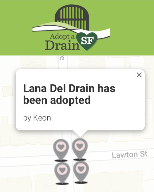 Laura J. Nelson 🦅 (@laura_nelson) on Twitter photo Just learned that San Francisco has an “adopt-a-drain” program and in exchange for keeping the drain clear of debris, you get to NAME IT Just learned that San Francisco has an “adopt-a-drain” program and in exchange for keeping the drain clear of debris, you get to NAME IT