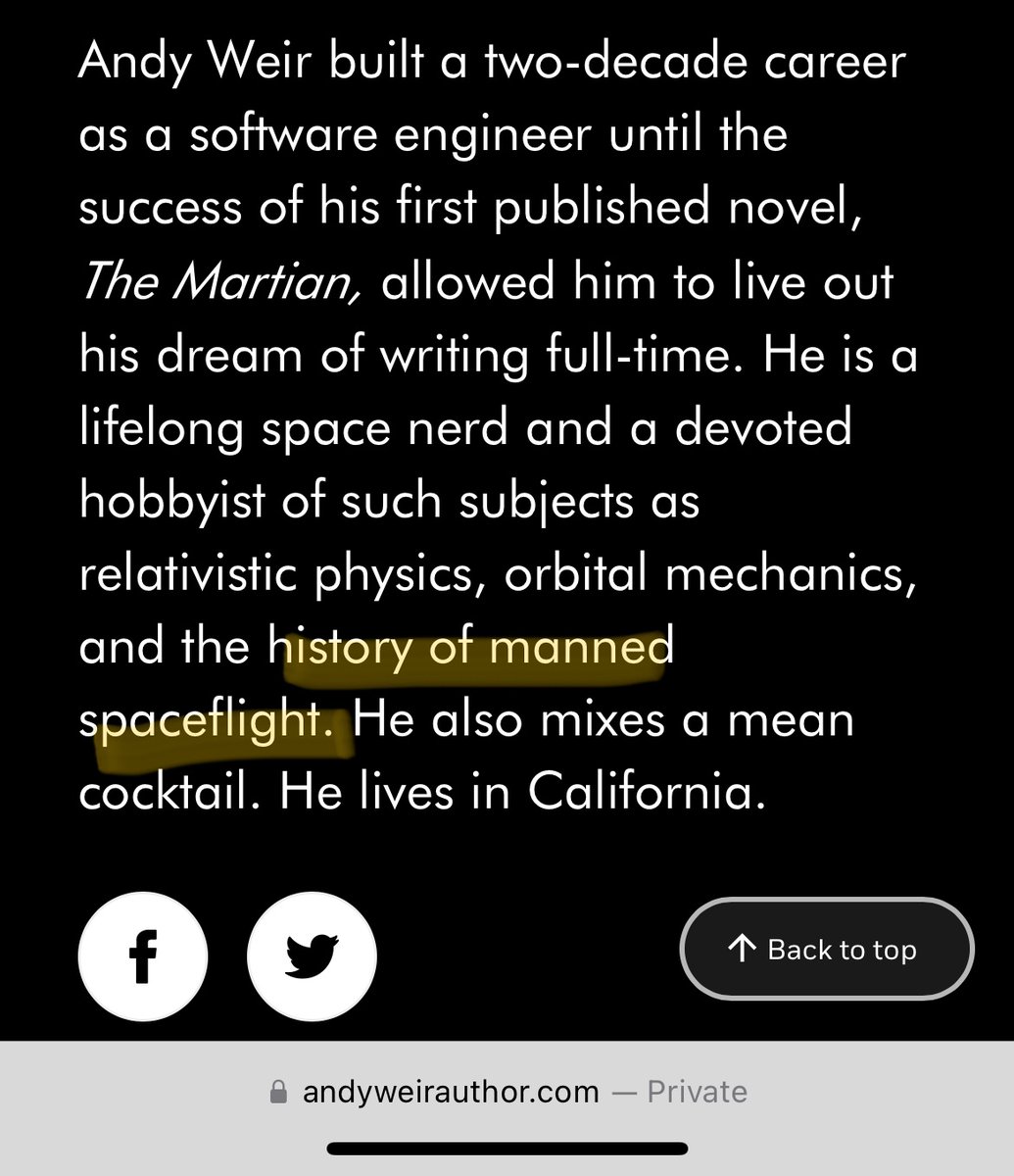 troupeleader's tweet photo. @shannonmstirone Can someone please tell @andyweir this? Infuriating to read ARTEMIS and then his author bio. https://t.co/6C1ika4M1b