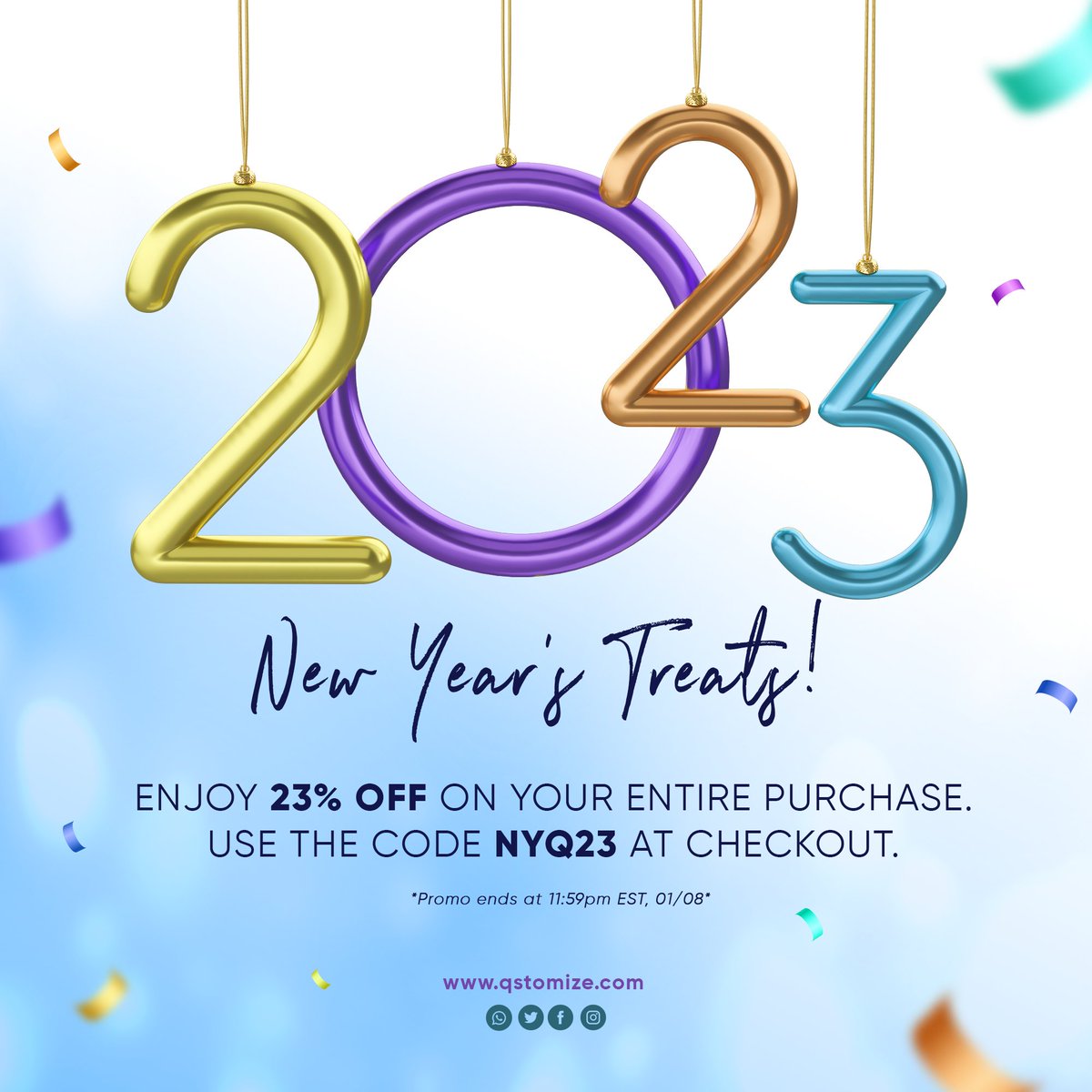 qstomize's tweet photo. Treat yourself &amp; Get huge discounts on #Qstomize products. Save 23%  on your entire order. Use code NYQ23
Shop now: https://t.co/6tkoJBf4yT

Cheers to more savings this year! 🥂
 #newyearsale #living #holiday #holidayseason #NewYearSale https://t.co/Xfsjnl4r4w