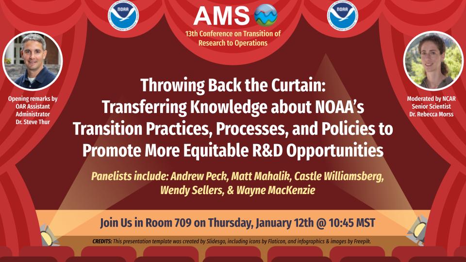 Dr. Castle Williamsberg (@wxcastle) on Twitter photo Heading to #AMS2023? Add this interactive <a href="/NOAA/">NOAA</a> session to your list! We plan to share important NOAA transition knowledge to individuals in the #Weather Enterprise. Join us as we throw back the curtain!
🎙️Opening remarks: <a href="/NOAAResearch/">NOAA Research</a> Dr. Steve Thur
🗣️Moderated by <a href="/RebeccaMorss/">Rebecca Morss</a> Heading to #AMS2023? Add this interactive <a href="/NOAA/">NOAA</a> session to your list! We plan to share important NOAA transition knowledge to individuals in the #Weather Enterprise. Join us as we throw back the curtain!
🎙️Opening remarks: <a href="/NOAAResearch/">NOAA Research</a> Dr. Steve Thur
🗣️Moderated by <a href="/RebeccaMorss/">Rebecca Morss</a>