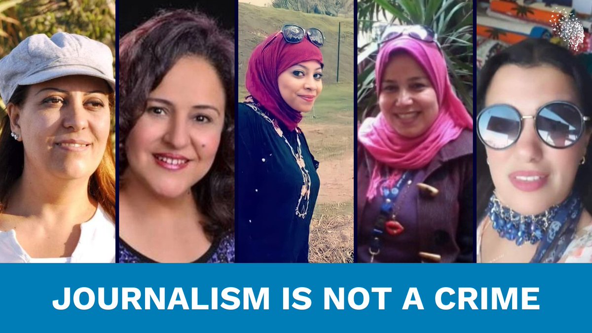 Five female journalists are detained in #Egypt.
 
Safaa al-Korbigi, Hala Fahmy, Manal Ajrama, Donia Samir &amp; Alia Awad are among the countless journalists who have been targeted for speaking truth to power. 

Join us in calling for their immediate release. #JournalismIsNotACrime