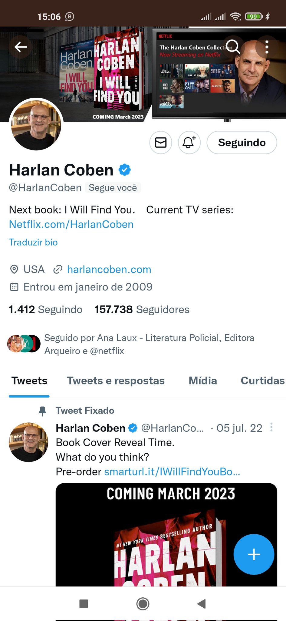 O Harlan Coben do nada me seguiu no message. Happy birthday   