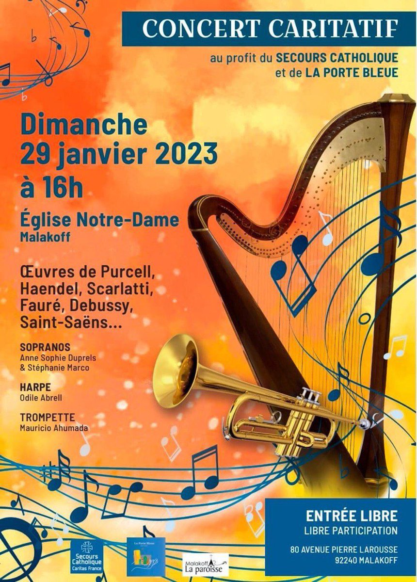 📣 SAVE THE DATE 📣

Dimanche 29 Janvier 2023 à partir de 16H 🕓 !

3️⃣ème édition du 🎶 Concert Solidaire à 📍L’Eglise Notre-Dame de Malakoff

👉🏼 Au bénéfice du Secours Catholique ⛪️ et de La Porte Bleue 🔵.

#concertpourtous #musiquepourtous
#artistessolidaires #solidarité