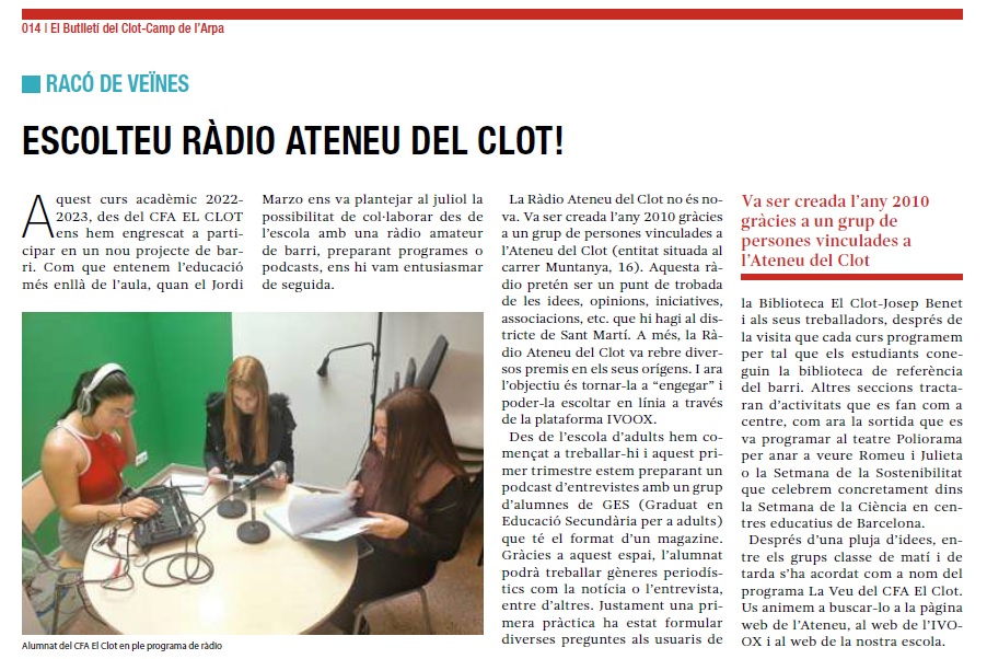 elclotcfa's tweet photo. Al butlletí de @avvc_ca expliquem el primer programa de ràdio que han fet els estudiants de #GES a @ClotRadio. Moltes gràcies per la proposta i la iniciativa de Ràdio Ateneu del Clot! 
Aquí podeu escoltar "La veu del CFA El Clot": https://t.co/YABeamSKL5 
@consorciedubcn #fadults https://t.co/7Fg3woVLMN