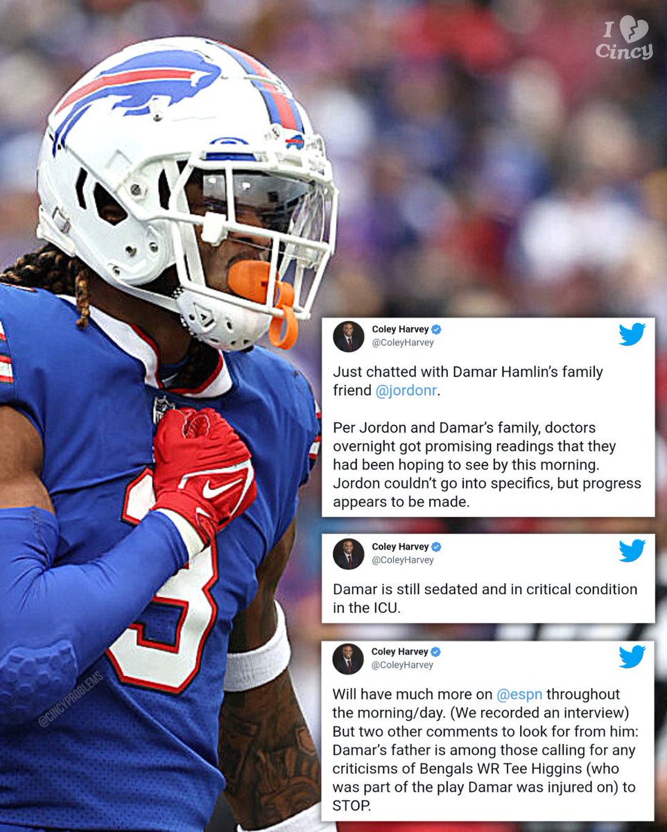 CincyProblems's tweet photo. Damar Hamlin has made promising progress overnight, but is still in critical condition in the ICU. 💙❤️ #PrayForDamarHamlin 

Damar Hamlin's father is also calling for any criticisms of Tee Higgins to stop. https://t.co/3HbvcdLzyU