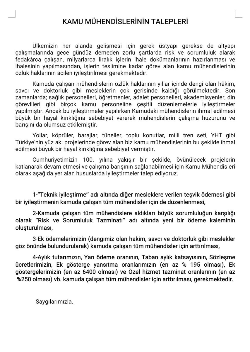 kaMUhendisleri's tweet photo. İsteklerimiz çok değil 1 sayfaya sığıyor. Eminiz ki herkes bu konuya destek verecektir.

@RTErdogan @fuatoktay @vedatbilgn @akaraismailoglu @fatih_donmez @murat_kurum @varank @VahitKirisci @NureddinNebati @suleymansoylu  @dbdevletbahceli 

#KamuMühendisineEkZam https://t.co/YifQIJhlez