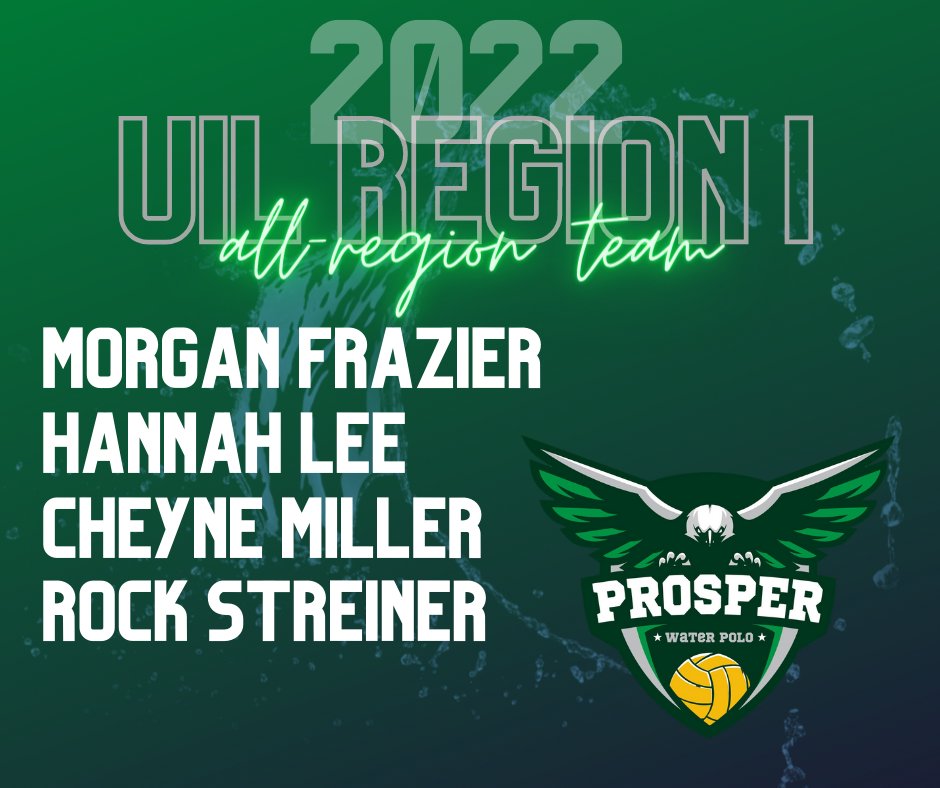 Congratulations to Morgan Frazier, Hannah Lee, Cheyne Miller, and Rock Streiner for being named to the 2022 UIL Region 1 All-Region Water Polo Team!
#buildinglegacy #prosperproud 
@PISD_Athletics @PISD_Aquatics @ProsperHS