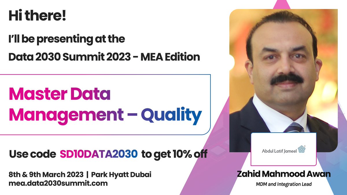 ZahidMahAwan's tweet photo. The Data2030 MEA is where the Data Management practitioners meet to learn, inspire, network and brainstorm.
Join my session discussing Master Data Management - Quality.
Register today using my speaker discount code!
#Data2030 #Data2030Summit #Data2030SummitMEA #datamanagement https://t.co/trXP0ZjJbO
