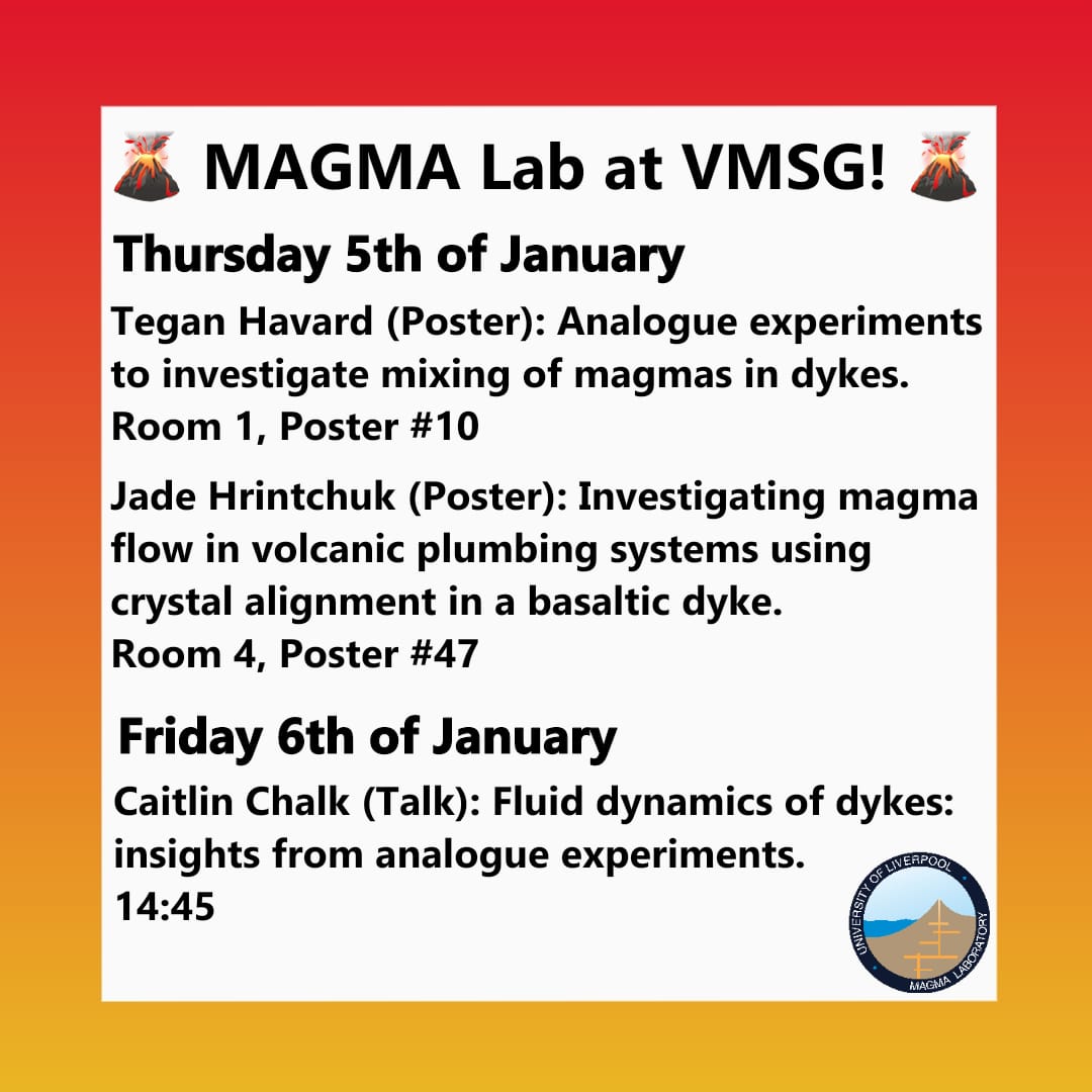 MAGMA Lab Liverpool (@magma_lab) on Twitter photo It's <a href="/vmsg_uk/">VMSG</a> week! 
Representing the MAGMA lab, we have <a href="/Basaltically/">Jade</a>, @ChalkCaitlin and Tegan sharing their work on flow, mixing, and crystal alignment in dykes🌋
See below for details! It's <a href="/vmsg_uk/">VMSG</a> week! 
Representing the MAGMA lab, we have <a href="/Basaltically/">Jade</a>, @ChalkCaitlin and Tegan sharing their work on flow, mixing, and crystal alignment in dykes🌋
See below for details!