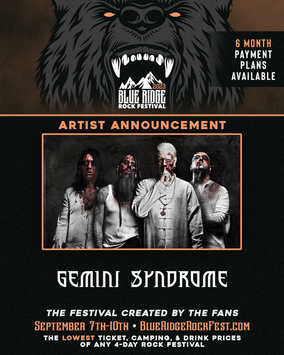 ARTIST ANNOUNCEMENT #45: @GeminiSyndrome  

Gemini played Blue Ridge for the very first time back in 2021. Since then, they dropped their 3rd full-length record '3rd Degree - The Raising', featuring the #1 Single on SiriusXM Octane 'Die With Me'.