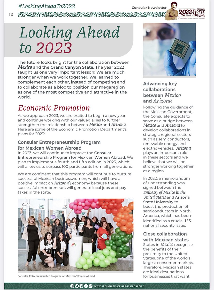 ConsulMexPho's tweet photo. #LookingAheadTo2023, we have exciting #EconomicPromotion plans:
🟣Implement 2️⃣ editions of the Consular Entrepreneurship Program for 🇲🇽 Women Abroad.
🟢Advance key collaborations between #Mexico & #Arizona in key sectors💡.
& more!
#ConsularNewsletter: https://t.co/oEjVMfBnjw https://t.co/KHc4p6qgcv