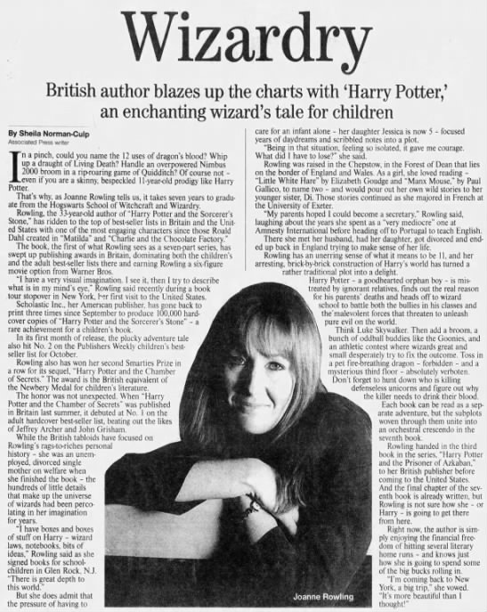 rowlinglibrary's tweet photo. WIZARDRY: British author blazes up the charts with 'Harry Potter', an enchanting wizard's tale for children (November, 1999) https://t.co/l5Eh7KYtYw