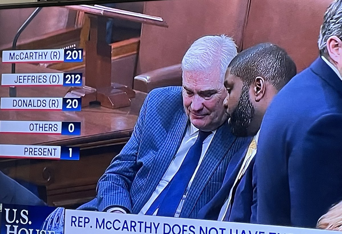 ErikAndersonMN's tweet photo. Edina native, GOP Whip and McCarthy supporter @RepTomEmmer having a word with Byron Donalds, who just derailed McCarthy on the fourth ballot. Had a chance to meet Rep. Emmer at the Capitol last spring on #ehsdc22. #SpeakerVote https://t.co/QAVBIBlNbK