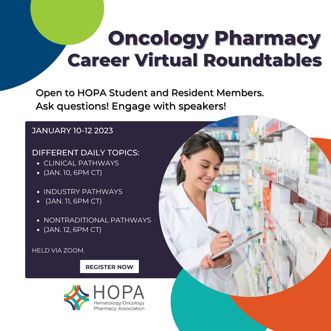 HOPArx's tweet photo. Considering a career in Oncology Pharmacy via one of multipl pathways? Join HOPA for a series of virtual roundtables Jan 10-12 - register at https://t.co/vyVJG868VM https://t.co/D4lgdOUU5N
