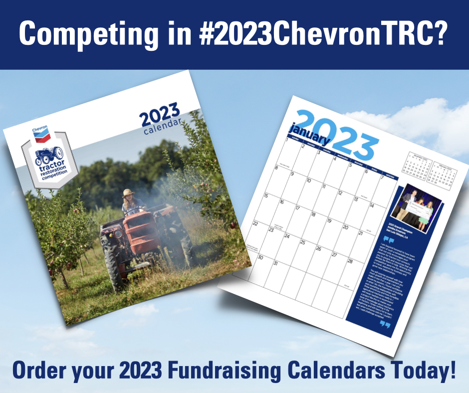 ChevronTRC's tweet photo. Restoring a #tractor for the #2023ChevronTRC? Chevron provides calendars featuring our 2022 finalists for FREE to use as a fundraiser for your next #restoration. Visit https://t.co/szs2ASfBFA to place your order. 
 
#Vintagetractor #Vintagetractors #Tractorrestoration #Tractors https://t.co/B5RNvqbBLg