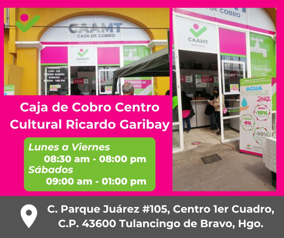 CAAMT_Tgo's tweet photo. Caja de cobro centro cultural Ricardo Garibay, una más de las opciones que tienes para realizar el pago de tu servicio de agua potable, Aprovechas las promociones y ponte al corriente. https://t.co/QevLDZwzAS