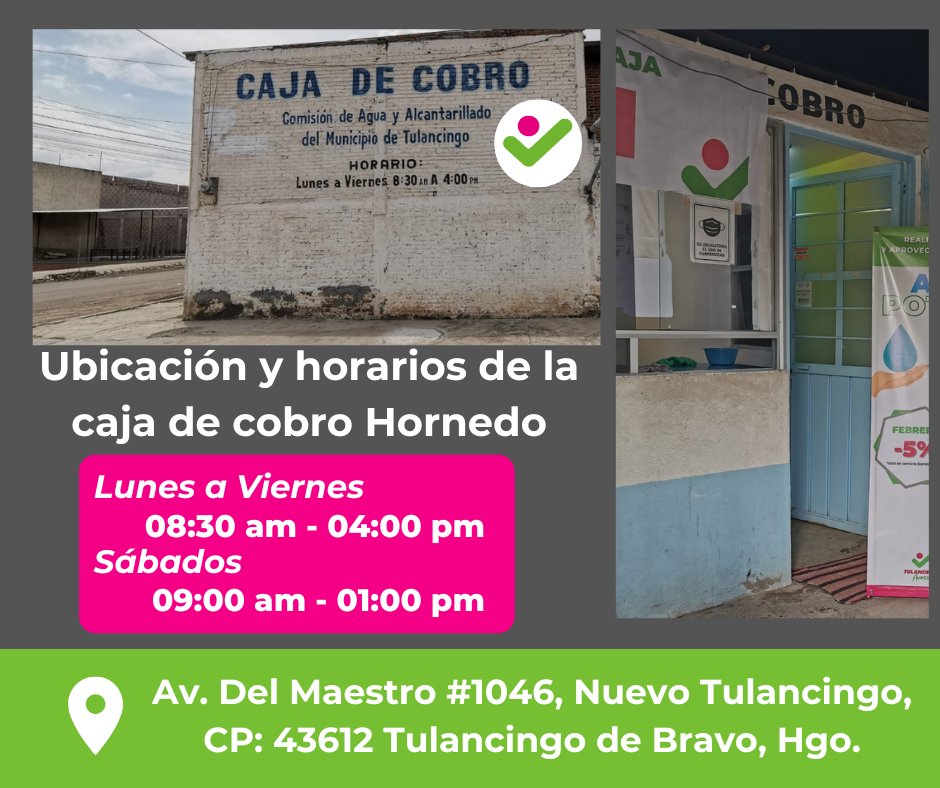 CAAMT_Tgo's tweet photo. Caja de cobro Hornedo, una de las opciones para realizar el pago de tu servicio de agua potable, aprovechas las promociones y ponte al corriente. https://t.co/UySvWIlbVf