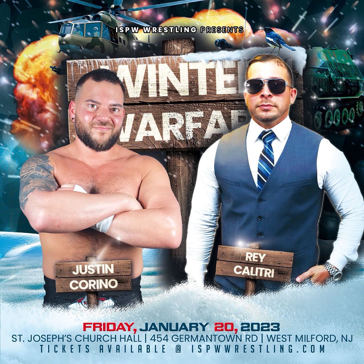 ISPW presents WINTER WARFARE on Friday evening, January 20th in West Milford, NJ at St. Joseph Church Parish Hall at 7:30PM! 

@justinCorino goes one on one with Rey Calitri! 

For tickets, please visit ISPWWrestling.com